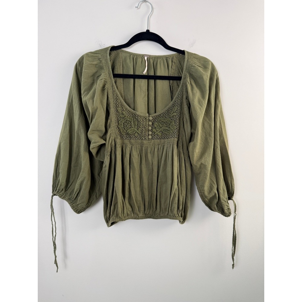 Free People Peasant Blouse Womens XS Green Crochet Lace Balloon Sleeve Boho Top